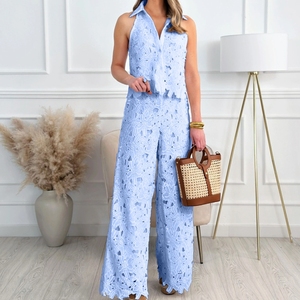 Summer French Heavy Embroidery Hollow V-neck Vest Top Wide-leg Straight <b>Pants</b> Women's 2-piece Set Fashion - Product Image 4