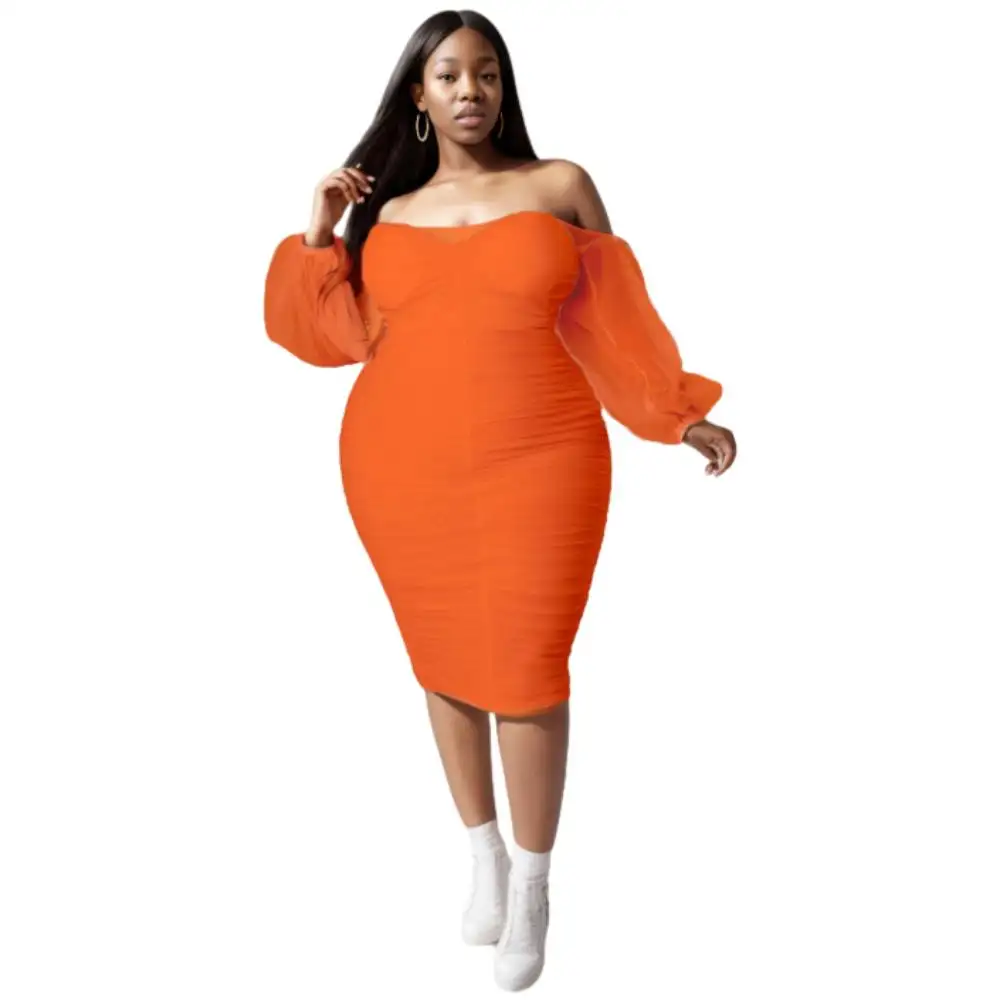 C0604ME78 Plus Size Elegant Off Shoulder Mesh Sleeve Pleated Bodycon Dress Women Sehe Fashion