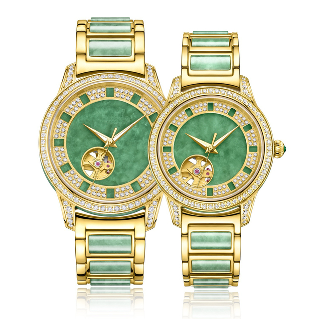 Couple Hollow Jade Plate Analog Display Stainless Steel Band Watch Waterproof Mechanical Design for Couples 22mm Band Width