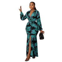 Nouvelle Arrivée Robe Longue Maxi Imprimée Fleurie Col en V Taille Haute pour Femme, Élégante Mode Automne, Impression Numérique Lavable, Idéale pour Mère de la Mariée