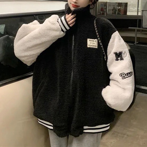 American Retro Stand Up Collar Fleece Jacket Women Black Coffee Color Windproof Autumn Winter Loose Student Baseball Coat - Product Image 1