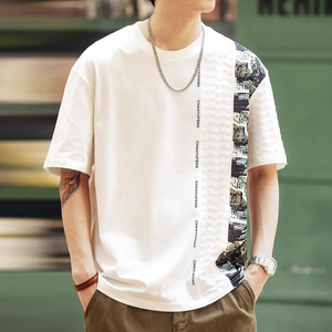 2025 verano hombres Casual todo-fósforo camiseta moda 240 gramos Patchwork estampado geométrico manga corta suelta ajuste para Tallas grandes - Product Image 2