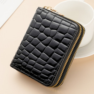 Porte-cartes poli en cuir PU, portefeuilles courts, porte-monnaie à double fermeture éclair avec porte-clés, pochette à motif crocodile gaufré - Product Image 3