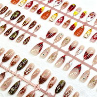 Lot de 30 faux ongles à presser en ABS plaqué or, effet dégradé 3D, pour doigts, rouge sophistiqué, forme amande, faits à la main