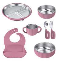 Ensemble de vaisselle pour enfants en acier inoxydable et silicone, assiette, bol, fourchette, cuillère, bavoir, accessoires de repas pour bébé