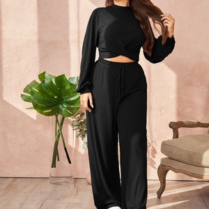 Autumn Winter 2-Piece <b>Set</b> for Women Comfortable Slimming <b>Knitting</b> Sports Top Shorts Solid Color Loose Casual Style Size 3XL - Product Image 6