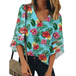 Roupas de outono para mulheres, azul fundo amarelo e vermelho hibisco flores design gráfico impresso aloha blusa para senhoras