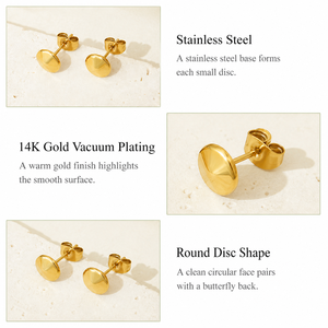 Round Disc Stud <b>Earrings</b> 14K <b>Gold</b> Vacuum Plated Stainless Steel 8mm Minimalist Polished Butterfly <b>Back</b> Jewelry - Product Image 3