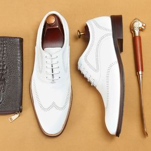 High Quality Fashionable White Genuine Leather Lightweight Breathable Lace-Up Closure Toe English Brogue Men's Business Formal - Product Image 2