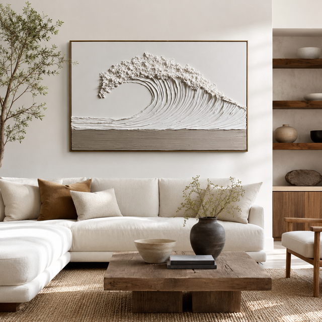Sculptural Wave 3D Textured Canvas Wall Art White Impasto Painting Modern Luxury Decor for Hotel Villa Living Room