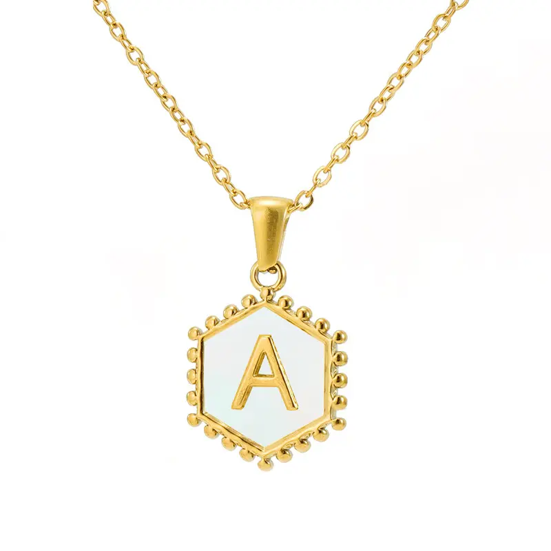 stainless steel hexagonal shaped necklace natural shell letter pendant gold stainless steel 26 Initial Letter Charms Pendants