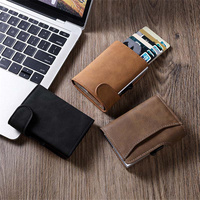 Dompet Minimalis Kulit PU Logam Pop Up Porte Monnaie Pria RFID dengan Tempat Kartu dan Uang Tunai