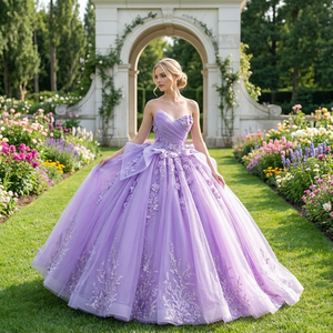 <b>Quinceanera</b> Ball Gown Birthday Party <b>Dress</b> Girls Adult Ceremony Sweetheart Neck Lace Appliques Natural Light Purple LSMC60 - Product Image 1