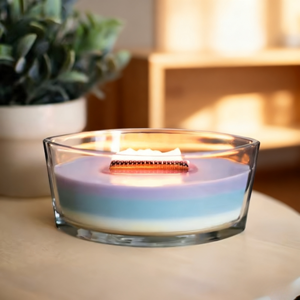 Venta al por mayor de velas perfumadas de vidrio personalizado púrpura lujoso 450mL forma de barco ovalado mecha de madera vela perfumada - Product Image 1