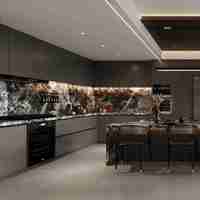 Meuble de cuisine moderne en bois gris foncé mat avec îlot en marbre veiné foncé