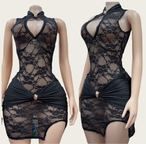 Viviblook Z905DS02 Nouvelles robes élégantes et sexy pour femmes, dentelle ajourée, coupe ajustée, sans manches, mini robe moulante - Product Image 3