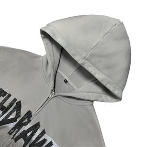 Vintage Distressed Ripped Hip Hop <b>Zip</b> Up Hoodie Men High Street Wear Private Label Custom Heavyweight <b>Hooded</b> Streetshirt - Product Image 3