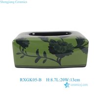 RXGK05-B Porte-mouchoirs rectangulaire en porcelaine verte chinoise avec motifs bleus et blancs, motif floral et feuillage