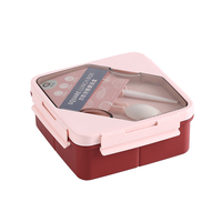 Boîte à lunch carrée en plastique PP, 3 compartiments, boîte à bento scolaire avec cuillère et bâtonnets