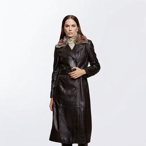 Manteau trench en cuir véritable pour femme avec col en fourrure, long, double boutonnage, vêtements d'extérieur d'hiver, style élégant - Product Image 1