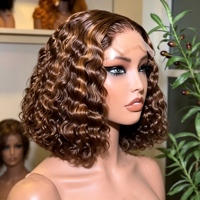 Perruque Bob Lace Front 4x4 sans colle, en cheveux humains, ondulée effet eau, marron avec mèches, bouclée naturelle, avec baby hair, pour usage quotidien et fêtes