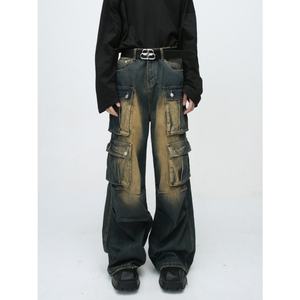 Jeans de travail pour hommes, multi-poches, patchwork, design rétro américain vintage, tendance - Product Image 3