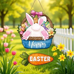 Easter Wooden Hanging Rabbit Carrot Door Sign Home Decor Wall Hanging Handmade Cartoon Easter Decoration - Product Image 1