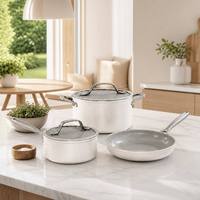 Offre Spéciale : Lot de 5 Ustensiles de Cuisine Blancs en Céramique Antiadhésive, Aluminium, Compatible Induction, avec Poignées en Acier Inoxydable – Batterie de Cuisine Complète