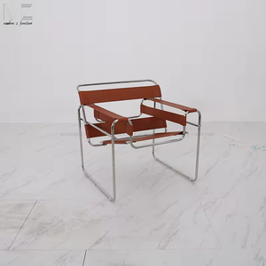 Ghế bành thiết kế giữa thế kỷ, khung thép không gỉ, ghế bành da trắng, ghế nghỉ ngơi, ghế trang trí bằng da bò - Product Image 2