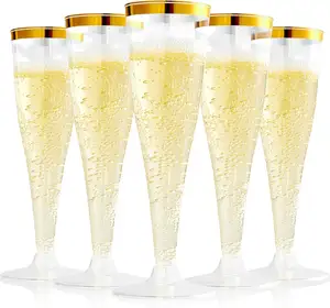 Paquete de 100 copas de champán de plástico sin BPA, 4,5 oz, transparentes con borde dorado, copas de vino, vasos desechables para boda, fiesta, Mimosa
