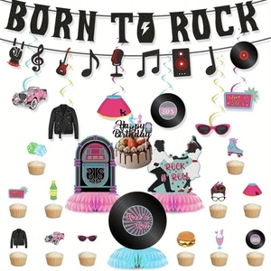 24 Piezas <span class=keywords><strong>de</strong></span> Adornos Vintage para Fiesta <span class=keywords><strong>de</strong></span> Banda 'Born to <span class=keywords><strong>Rock</strong></span>', Banderines, Decoración para Pastel, Adornos <span class=keywords><strong>de</strong></span> Panal, Tema <span class=keywords><strong>de</strong></span> <span class=keywords><strong>los</strong></span> Años 50, Decoración <span class=keywords><strong>de</strong></span> Cumpleaños - Product Image 1