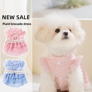 Robe en <span class=keywords><strong>maille</strong></span> de soie brodée à carreaux avec grand nœud style princesse pour chien et jupe pour chat, collection printemps-été - Product Image 1