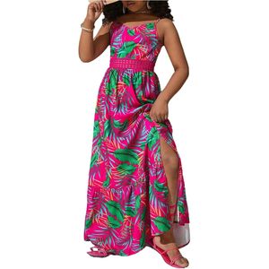 Tropical Print Cami Dress <b>Spaghetti</b> Strap Elastic Waist Tiered Split Thigh Vacation Flowy <b>Long</b> Dress Women Casual - Product Image 1