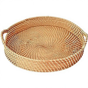 Plateau de service rond en bambou et rotin avec poignées, panier tressé à la main, plateau organisateur pour la décoration de la maison et le petit-déjeuner - Product Image 1