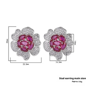 Fashion Statement Jewelry Eco-friendly Copper Silver Plated Micro Pave Oval Cut <b>Red</b> Zircon Large Flower Stud <b>Earrings</b> for Women - Product Image 2