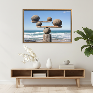 Elegant Zen Stone Balance Coastal <b>Canvas</b> Print: Meditative Beach Art,GOLD <b>FRAMED</b> <b>CANVAS</b> - Product Image 3