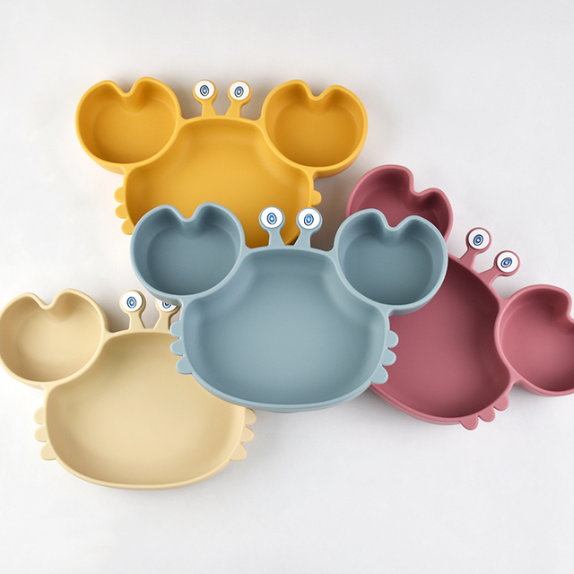 Wholesale Kids BPA-Free Silicone Dining Set Cartoon-Designed Crab Baby Mat Feeder Spoon Divider Plate Suction Bowl Small Meals