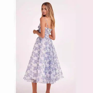 Robe de soirée mi-longue en mousseline à imprimé floral, épaules dénudées, taille empire, avec superposition transparente, style printemps-été - Product Image 2