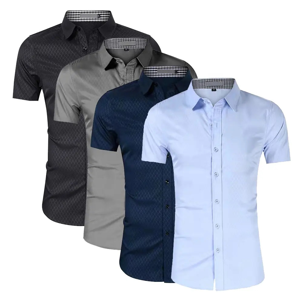 Camisa de manga corta con logotipo personalizado para hombre, camisa negra y gris de gama alta para hombre, camisas de vestir formales bordadas para hombre, novedad de negocios, 2017