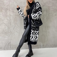 Schwerer Baumwoll-Spandex-Cardigan mit lockerer Passform, Jacquard-Geometriemuster, klassisch, für den Alltag, schulterfrei, mittellang