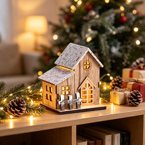 Casa de Navidad de Madera Vintage con Luz LED, Adorno de Escritorio Estilo Nórdico - Product Image 4
