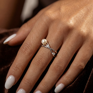 S925 <b>Silver</b> Double Layer Cross Freshwater Pearl Open <b>Ring</b> Minimalist CZ Geometric <b>Adjustable</b> Pearl Jewelry for Women - Product Image 2