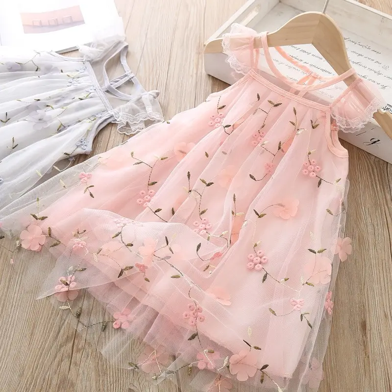 Summer children's embroidery flower lace mesh dress Western style girls dresses