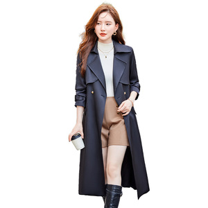 Khaki Mid Length Trench Coat Women Autumn 2024 Solid Color Polyester Woven <b>Overcoat</b> Elegant British Style - Product Image 5