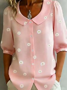 Blus Wanita Vintage Sederhana Motif Bunga Cat Air Kerah Peter Pan Lengan 3/4 Kemeja Kasual Panjang untuk Musim Semi & Musim Panas - Product Image 5
