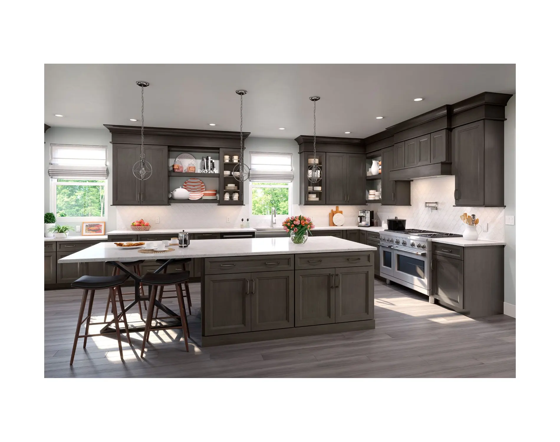 luxury solid wood gray L shaped shaker style kitchen cabinet with island ready to assemble