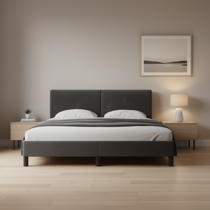 Modern Dark Grey Velvet Upholstered <b>Bed</b> <b>Frame</b> Plywood Construction <b>Queen</b> <b>Size</b> Soft <b>Bed</b> Design - Product Image 2