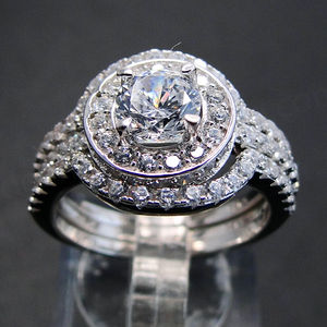 925 <b>Sterling</b> <b>Silver</b> Jewelry Round Diamond Cubic Zirconia Pave CZ Halo Wedding <b>Rings</b> - Product Image 2