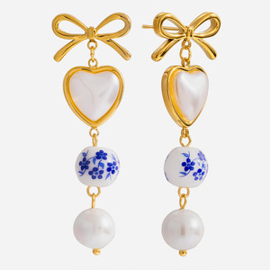 Heart-Shaped Pearl Drop <b>Earrings</b> With <b>Blue</b> Floral Bead Gold Bow Stainless Steel <b>Studs</b> For Women Everyday Wear - Product Image 1