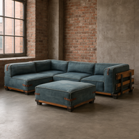 Conjunto de Sofá Seccional en Forma de L Levi Denim |   Sofá Esquinero con Estructura de Madera Industrial |   Apartamento Modular Hecho a Mano Estilo Loft Vintage